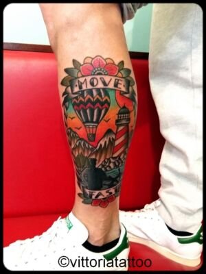 landscape,balloon, lighthouse tattoo